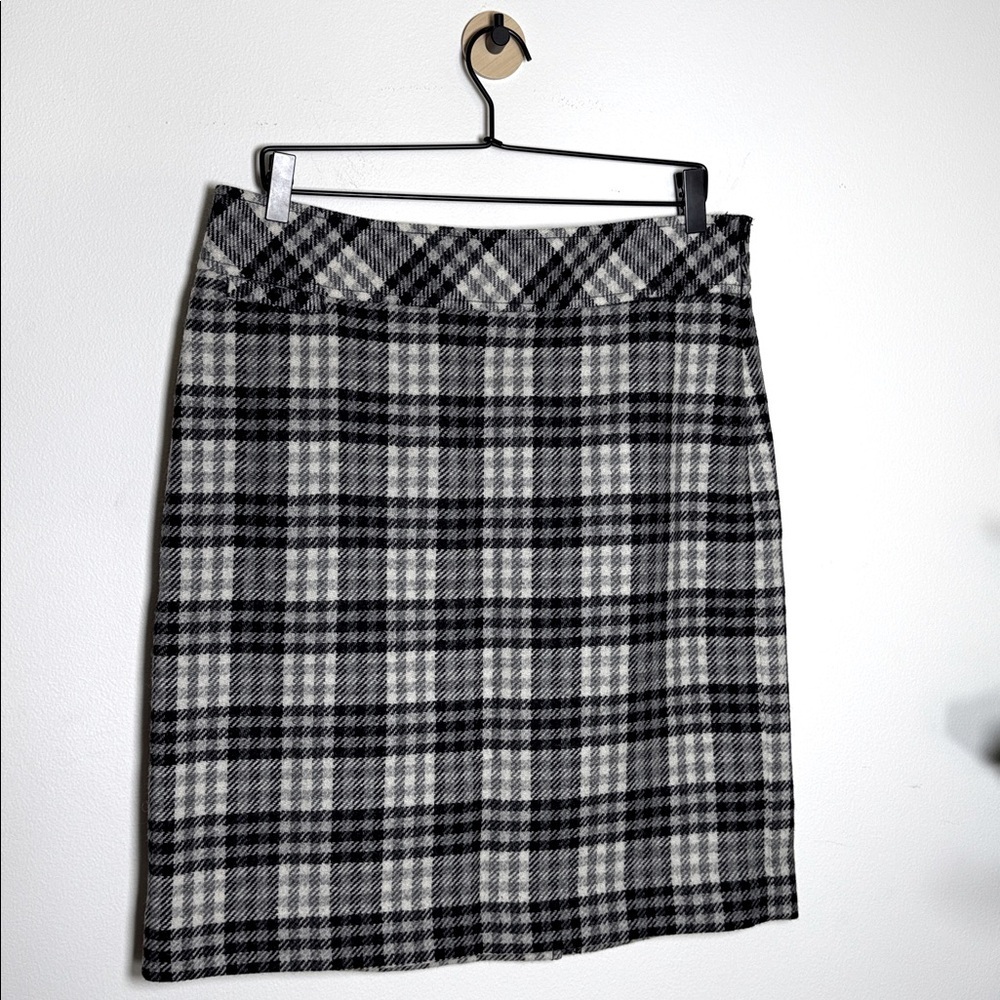LL Bean Womens Black Gray Plaid Wool Blend Skirt Lined Businesscore Career Sz 12